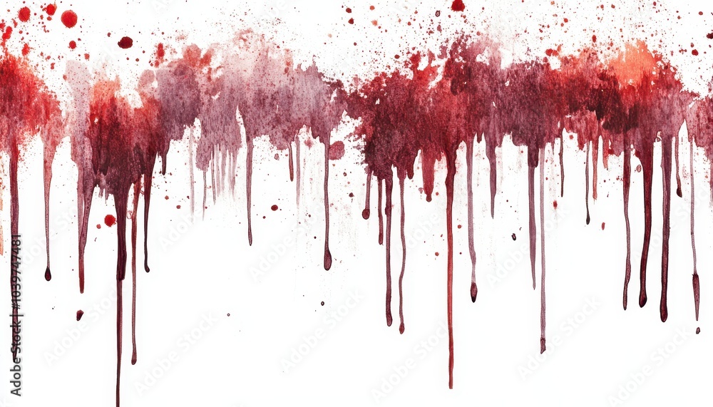 Fototapeta premium Blood stains and drips form patterns on a white background, creating an eerie, intense look