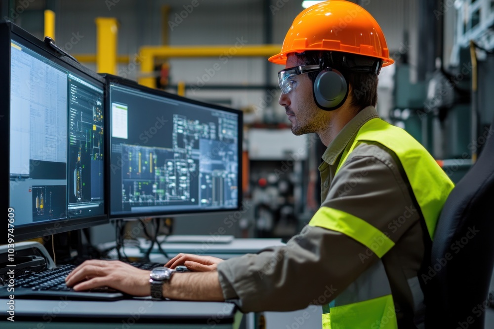 Smart safety management at work, showcasing AI-driven systems that monitor employee safety and provide real-time feedback on hazards Smart safety management at work, showcasing AI-driven systems that monitor employee safety and provide real-time feedback on hazards