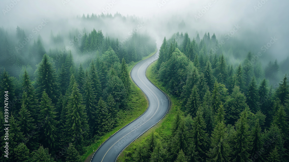 Aerial view of a winding road in a forest Aerial view of a winding road in a forest