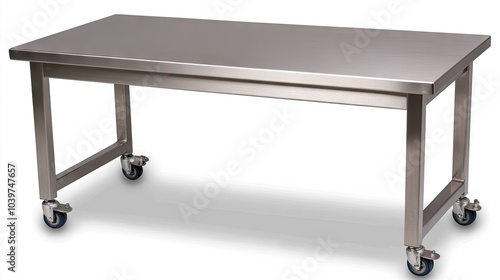 Stainless steel morgue table on wheels showcasing a sleek design and utility for medical and forensic settings against a clean white background