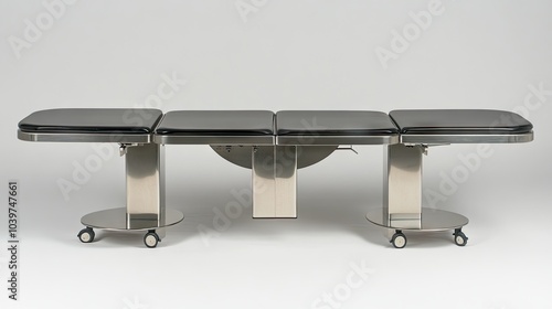 Stainless steel morgue table with wheels and black padding, providing a sleek, professional look for medical or forensic settings