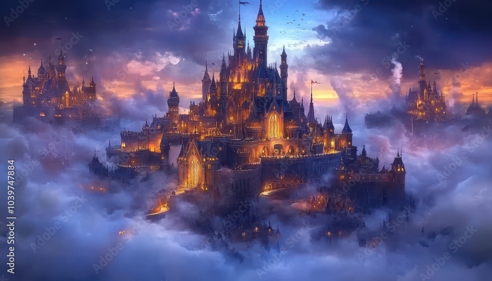 Illustration of a fairytale dreamlike castle in pastel colors, magical and mystical medieval kingdom Illustration of a fairytale dreamlike castle in pastel colors, magical and mystical medieval kingdom