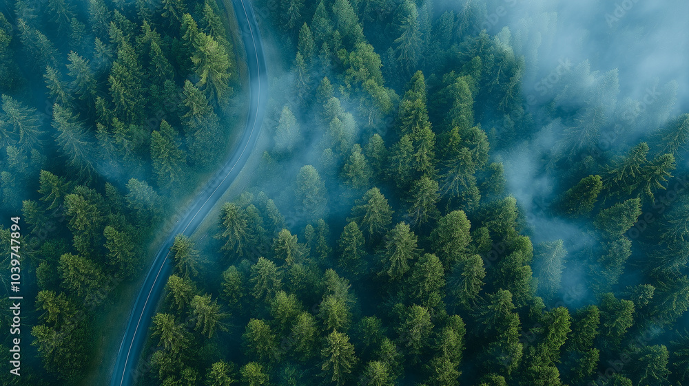 Obraz premium Aerial view of a winding road in a forest