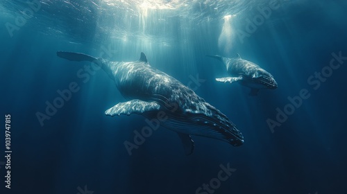 giant whale and calf swimming underwater, dramatic light 