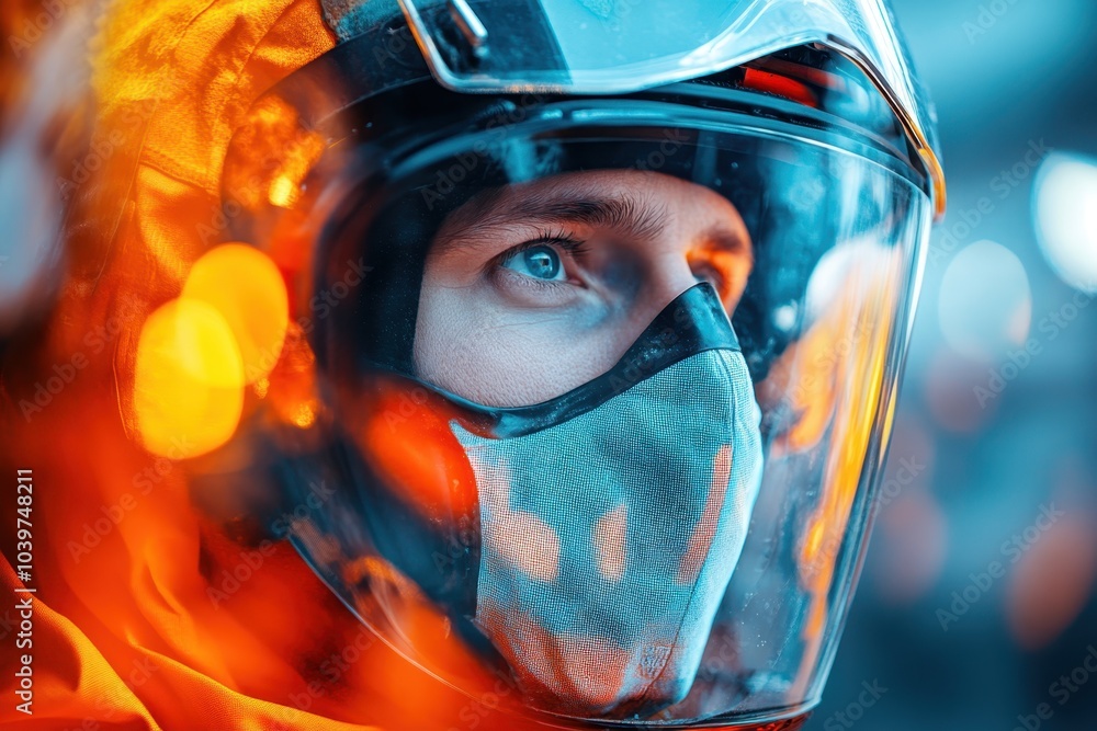 A firefighter in full gear focuses on the task at hand surrounded by vibrant flames and smoke A firefighter in full gear focuses on the task at hand surrounded by vibrant flames and smoke