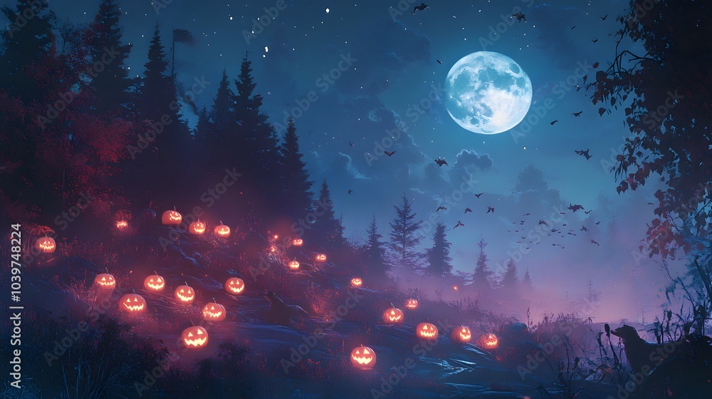 Naklejka premium Halloween Night with Full Moon and Howling Background
