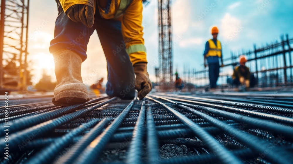 Steel rebar installation on a construction site, with workers carefully placing and securing steel reinforcement bars for building support Steel rebar installation on a construction site, with workers carefully placing and securing steel reinforcement bars for building support