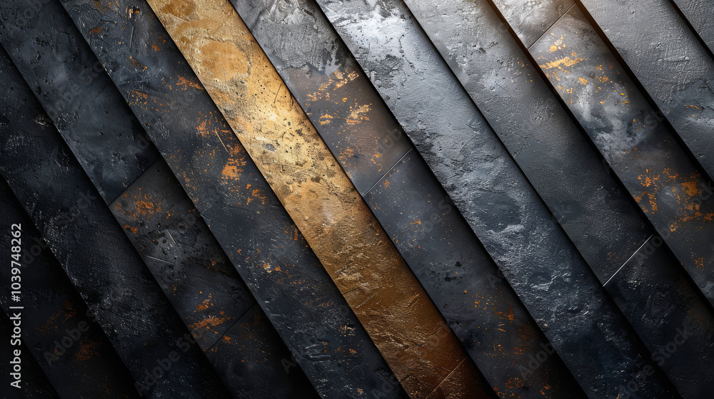 Dark Textured Metallic Surface with Diagonal Stripes, Featuring Gold and Bronze Accents in a Rugged Industrial Design
