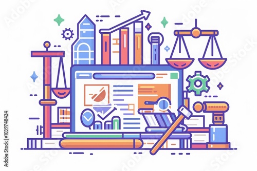 Smart law, legal advice icons, and lawyers working on a laptop computer with tools in the lawyers' office show the concept of digital law and online technology of astute law and. MZ