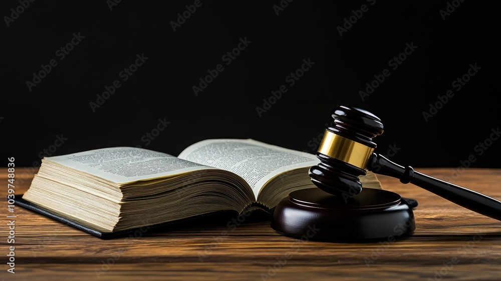Wood gavel beside open book on courtroom table Wood gavel beside open book on courtroom table