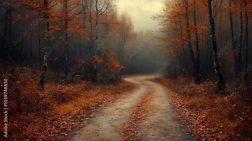 Obraz premium A winding dirt road leads through a misty autumn forest, the trees ablaze with fiery hues, a sense of mystery and serenity hangs in the air.