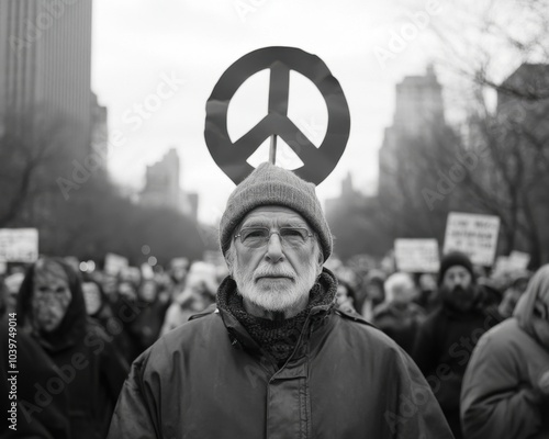 Crowd protesting anti-war demonstration photo