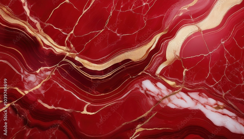 Fototapeta premium Opulent Crimson and Gold Marble Design. Luxurious Red Marble with Intricate Golden Veining Organic White Streaks Premium Interior Decor Sophisticated Art Installation Branding Projects with Copy Space
