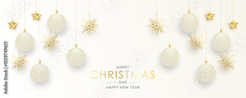 Elegant holiday banner with realistic hanging Christmas baubles