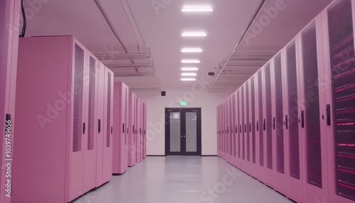 Modern server room, where bright neon server racks and fiber optic connections provide maximum speed and reliability