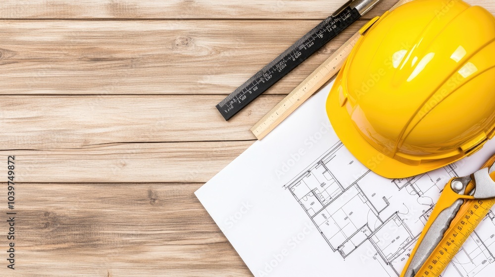 Construction plan and tools on a wooden table, revealing the meticulous preparation for a building project Construction plan and tools on a wooden table, revealing the meticulous preparation for a building project