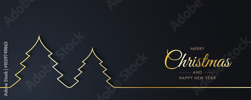 Merry christmas banner with christmas tree illustration in line art photo