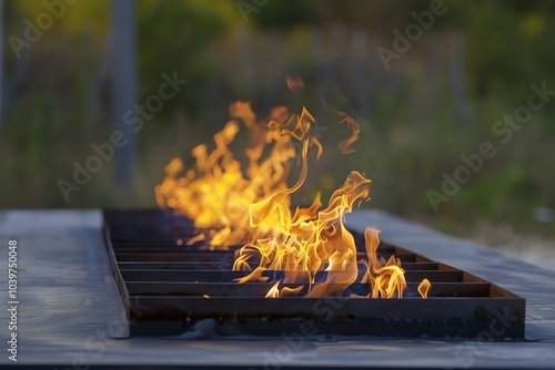 Close-up view of vibrant flames dancing above a grill, showcasing the dynamic energy and warmth of an outdoor cooking experience. photo