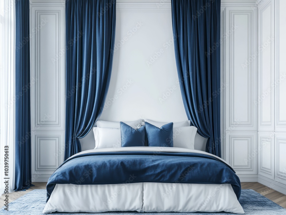 Dark blue curtains complementing white walls, with blue linens and white pillows on the bed Dark blue curtains complementing white walls, with blue linens and white pillows on the bed