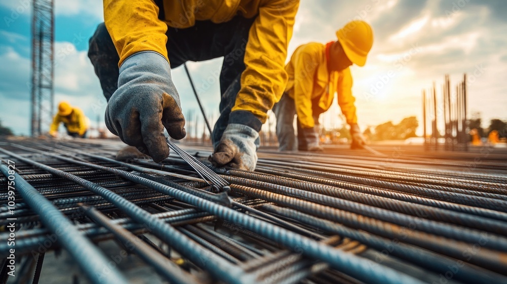 Workers handling rebar fabrication, showcasing the assembly and tying of steel reinforcement bars for a construction project Workers handling rebar fabrication, showcasing the assembly and tying of steel reinforcement bars for a construction project