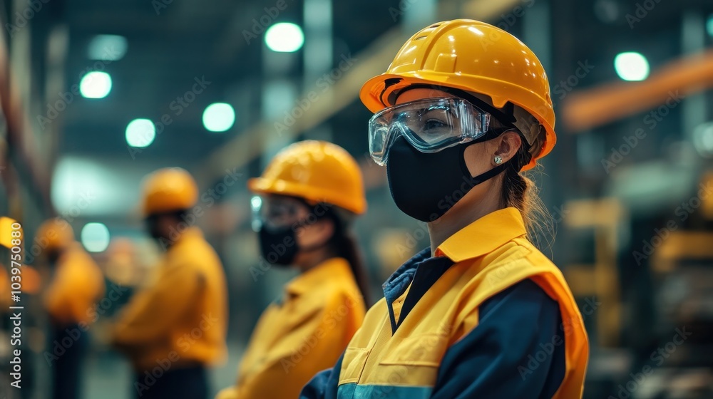 Workplace safety measures, featuring workers adhering to safety rules and wearing protective gear to ensure a safe working environment Workplace safety measures, featuring workers adhering to safety rules and wearing protective gear to ensure a safe working environment