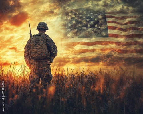 A soldier in obfuscation against the background of the US flag. photo