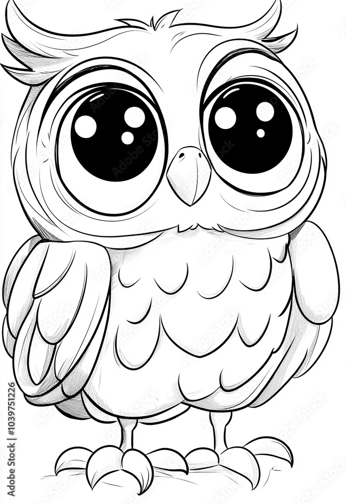 Obraz premium Kids coloring page with cute cartoon owl, simple and clean line art style, no shading, just black outline on white background, with big eyes, big head and small body.