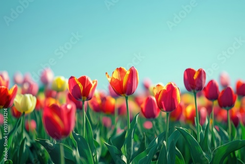 Field with red and yellow tulips blooming under a blue sky in a sunny spring day