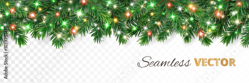 Christmas tree seamless garland with glowing sparkling Christmas lights decoration. Vector border for holiday banners, party posters, headers. Transparent background can be removed in vector file.