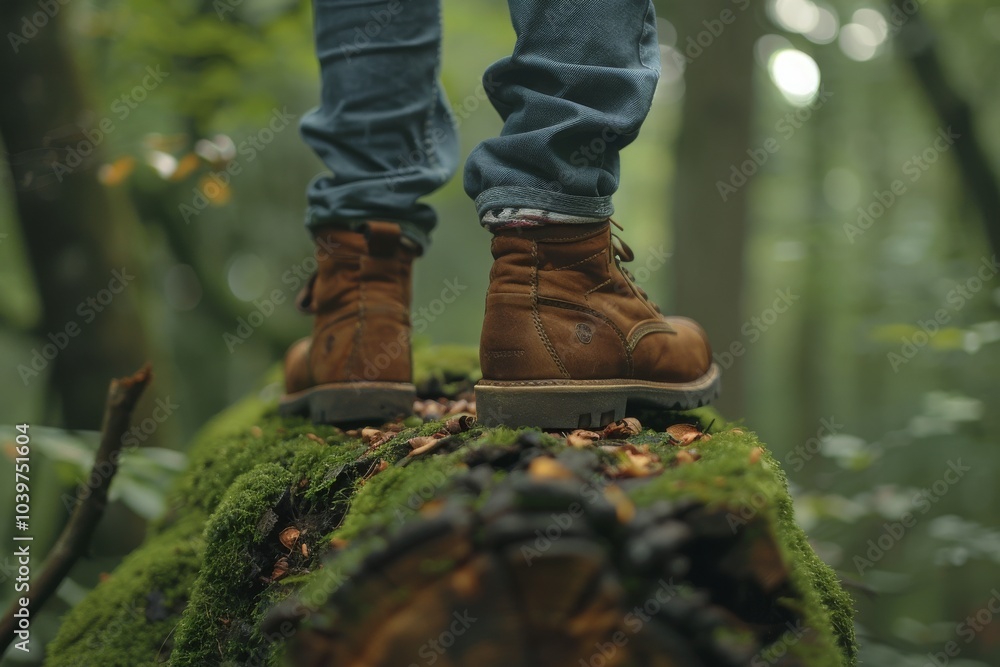 Young man walking on a mossy log in the forest, Traveler or hiker man balancing while standing on a tree trunk in nature. Men enjoy outdoor activities in the summertime. close-up of shoes. back view.M Young man walking on a mossy log in the forest, Traveler or hiker man balancing while standing on a tree trunk in nature. Men enjoy outdoor activities in the summertime. close-up of shoes. back view.M