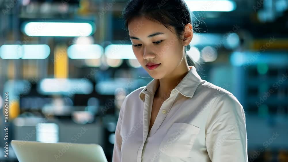 A woman is using a laptop in a factory setting. She is focused on her work and she is in a serious mood A woman is using a laptop in a factory setting. She is focused on her work and she is in a serious mood