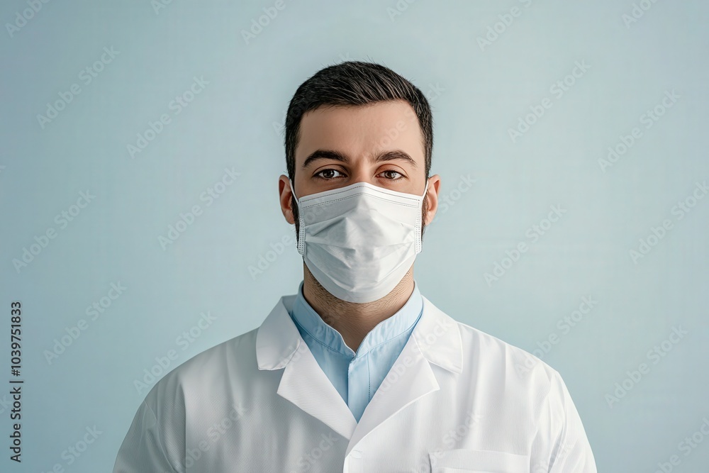 A well-groomed dentist in a white coat and protective mask presents a professional appearance. The minimalist clinic setting emphasizes cleanliness, highlighting the importance of dental hygiene. A well-groomed dentist in a white coat and protective mask presents a professional appearance. The minimalist clinic setting emphasizes cleanliness, highlighting the importance of dental hygiene.