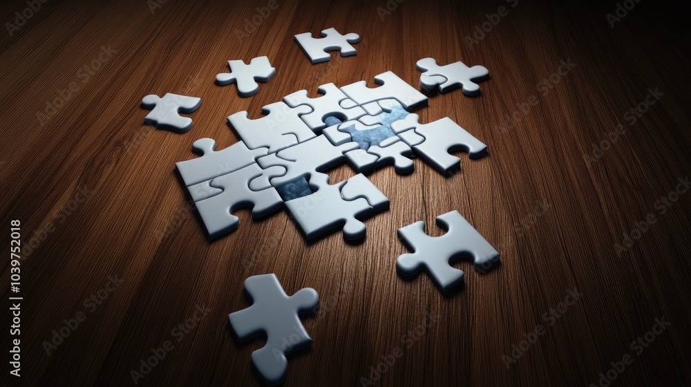 Obraz premium A partially completed jigsaw puzzle on a wooden table illustrating the quest for creative solutions in business planning