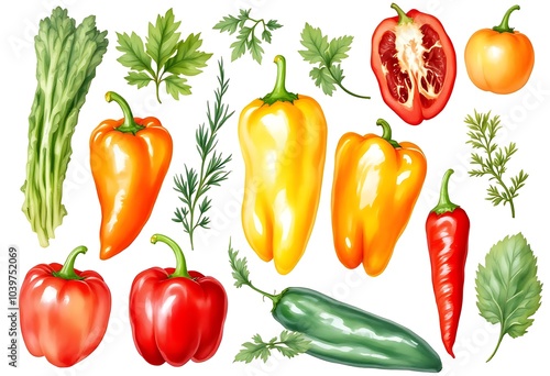 watercolor drawing. set of vegetables and culinary herbs. basil, bell pepper, chili pepper, tomatoes
