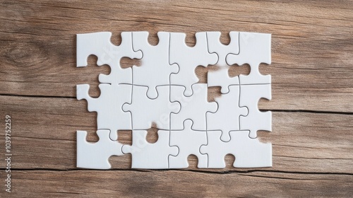 Creative challenge of completing a jigsaw puzzle on a wooden surface, illustrating innovation for filling business plan gaps