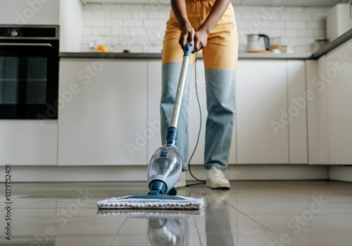 Woman cleaning kitchen floor using steam mop during spring cleaning photo