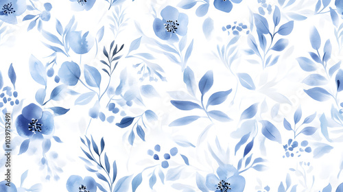 Fototapeta Naklejka Na Ścianę i Meble -  seamless pattern of blue watercolor flowers and foliage on a white background, ideal for textiles, wallpapers, and digital designs, conveying elegance and freshness.