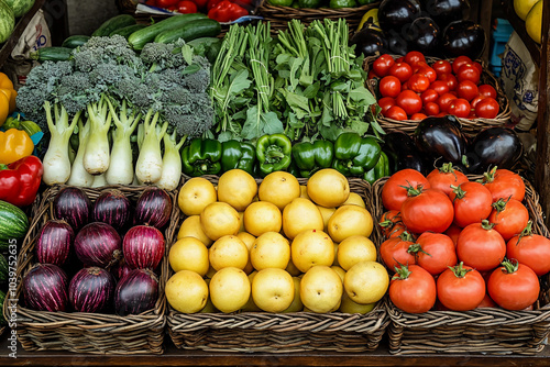 Fototapeta Naklejka Na Ścianę i Meble -  Fresh vegetables and fruits displayed at a market stall in daylight