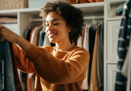 Young black woman is smiling while choosing clothes from her wardrobe photo