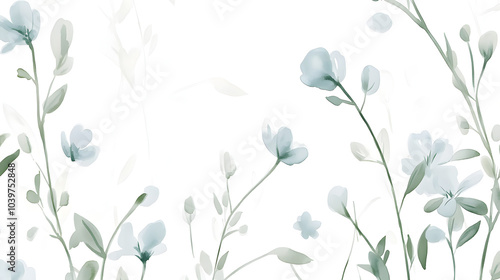 soft, minimalist pattern of blue flowers with delicate stems and leaves on a white background, ideal for textiles, wallpapers, and stationery, evoking a calm, natural feel.