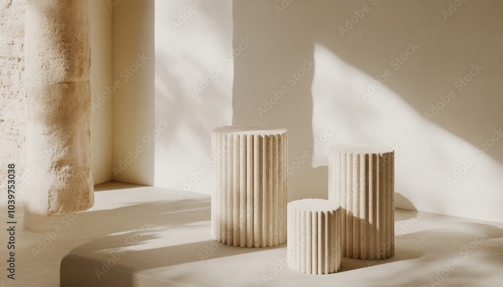 Obraz premium A beige natural podium is an elegant base for an exhibition or presentation