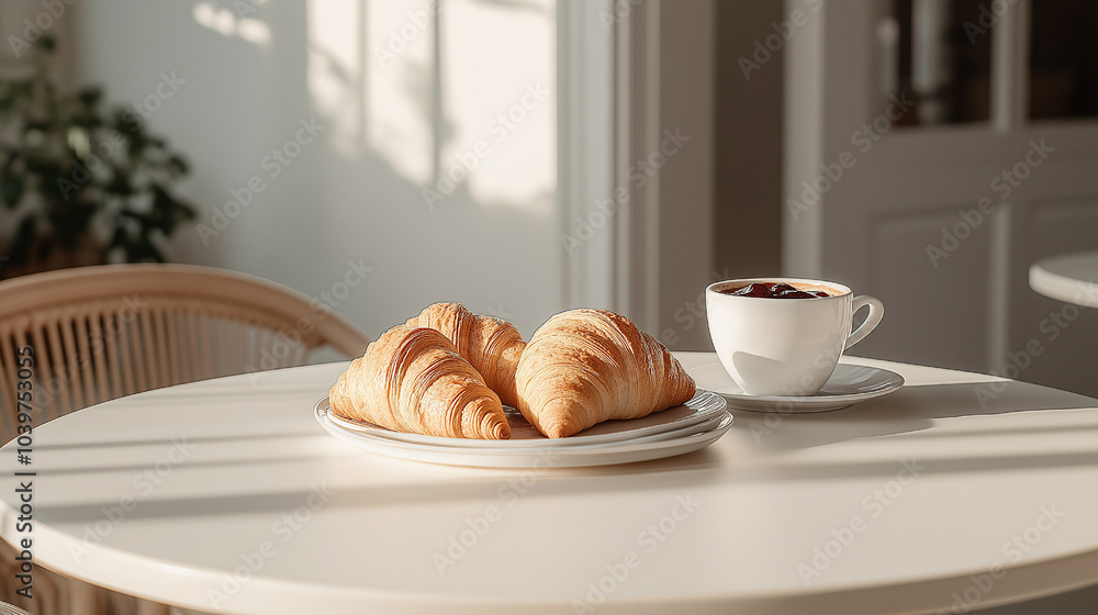 Sunlit breakfast table with freshly baked croissants and a cup of coffee. Sunlit breakfast table with freshly baked croissants and a cup of coffee.