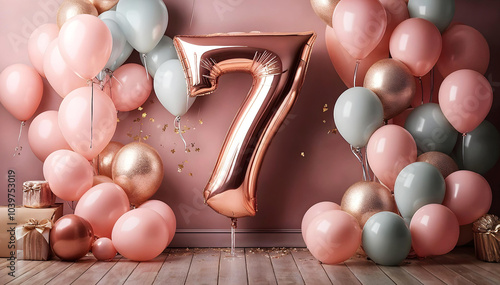 Stylish Girl 7th Birthday Party background, Modern Bunch of bright balloons on light pink background, seventh Birthday decorations with soft pink, mint and gold balloons. Banner design, space for text