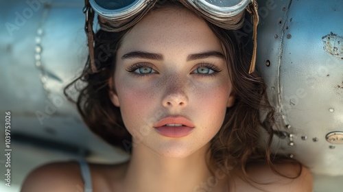 Close-Up Portrait of a Sun-Kissed Woman with Freckles Wearing Aviator Sunglasses and Orange Top, Capturing a Summer Vibe and Natural Beauty in Outdoor Adventure Setting photo