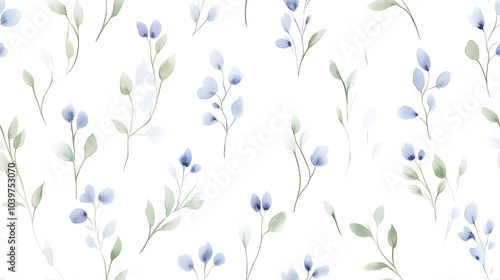 seamless pattern of small blue flowers and green leaves on a white background, ideal for soft, minimalist designs in textiles, wallpaper, and stationery.