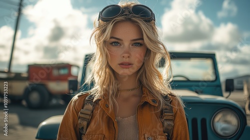 Close-Up Portrait of a Sun-Kissed Woman with Freckles Wearing Aviator Sunglasses and Orange Top, Capturing a Summer Vibe and Natural Beauty in Outdoor Adventure Setting photo