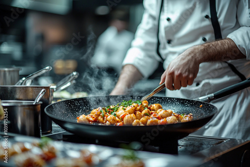 Chef preparing a flavorful dish in a busy restaurant kitchen at night