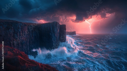 Dramatic Lightning Strike Over Sea Cliffs and Stormy Ocean