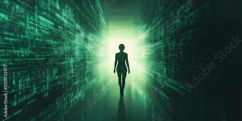 Human silhouette in a digital space with minimalist green and black shades, representing cyberattacks. photo