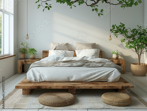 a queen bed headframe, scandanavian design, front facing, minimalist aesthetic, isolated, white background, 